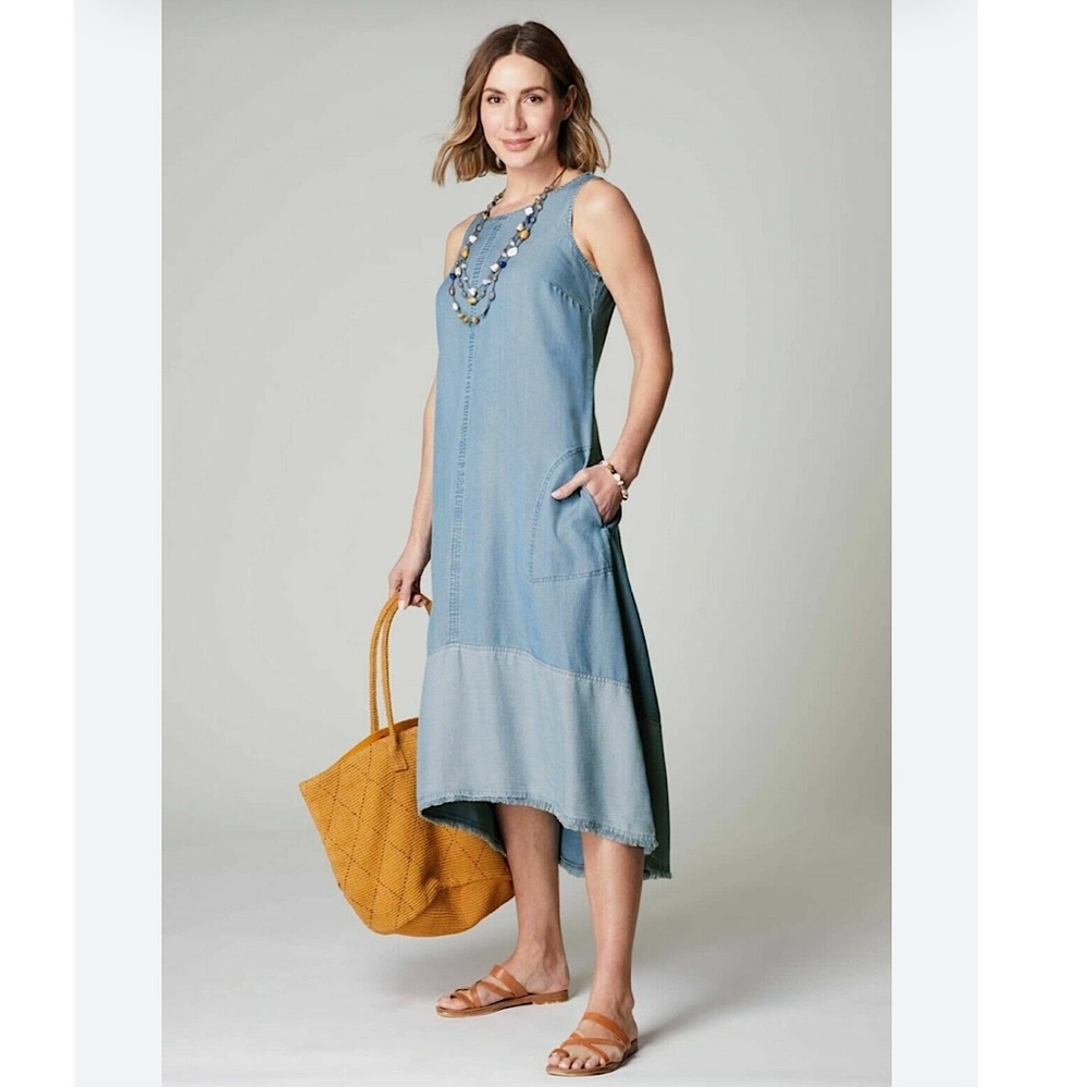 J. Jill Denim Chambray Dress Small Blue Sleeveless High Low Raw Hem Pockets